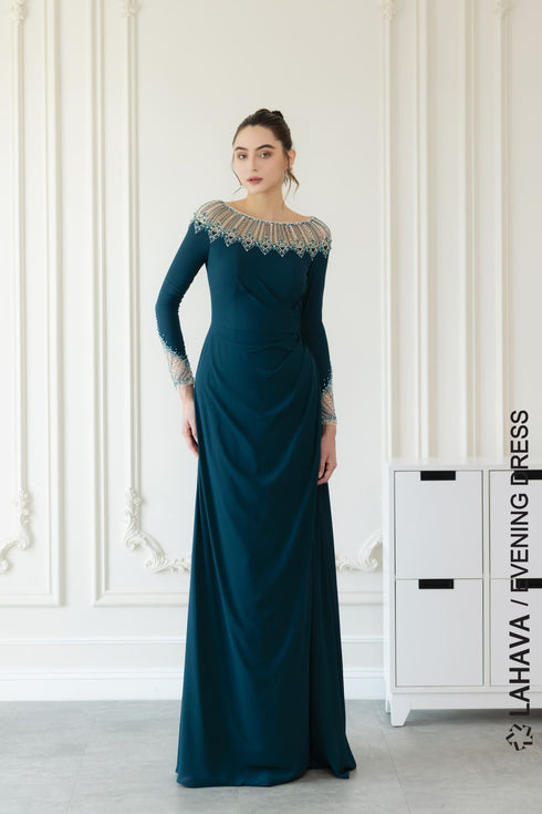 Blue long sleeves beaded evening gown